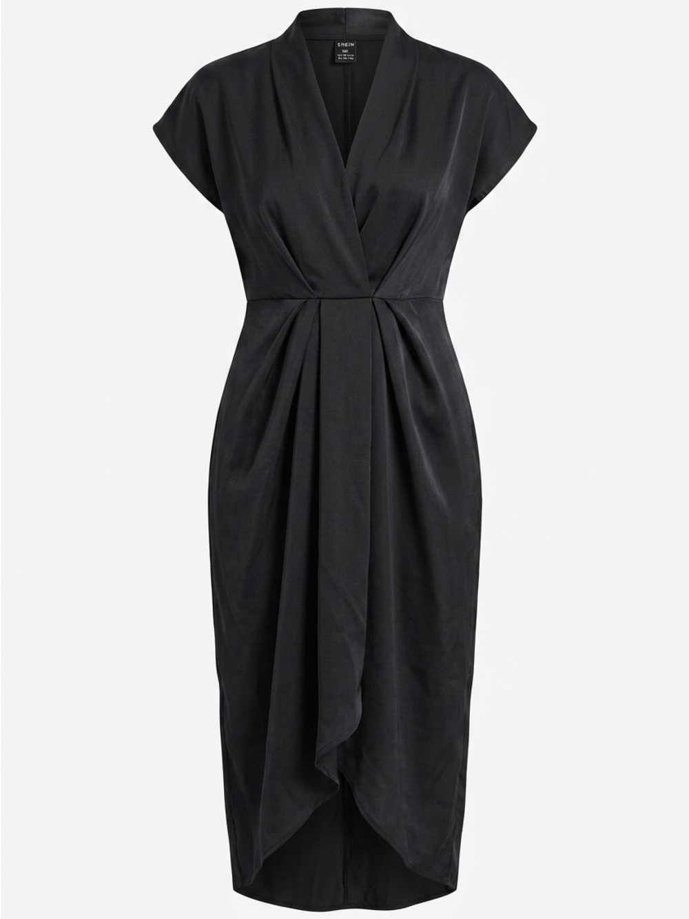SHEIN Black Draped V-Neck Midi Dress with Tulip Hem